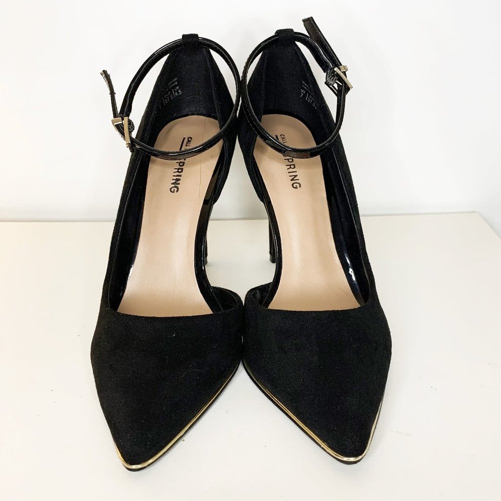 CALL IT SPRING Minimalist Point Toe Ankle Strap Heels with Gold Accents